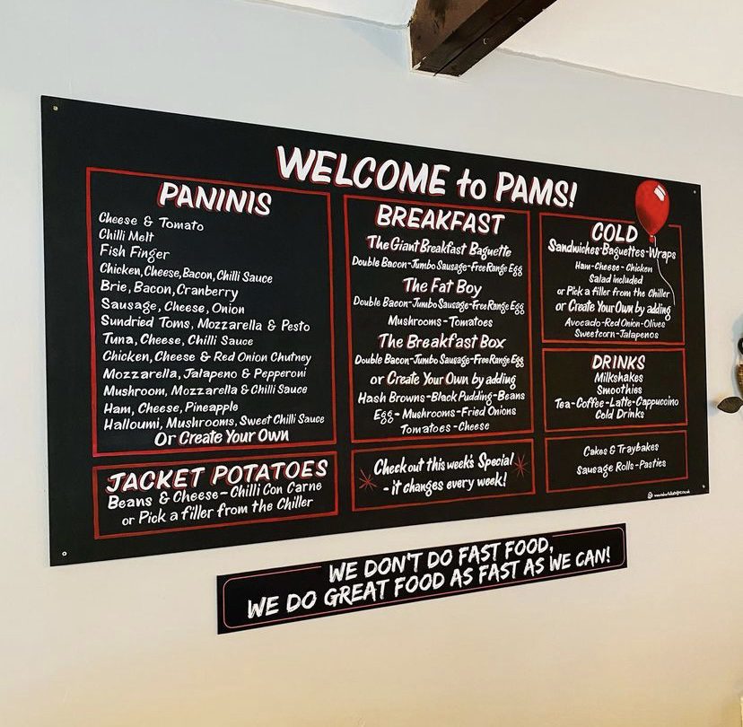 Blackboard hand-painted menu sign for PAMS Sandwich Bar Menu board in situ