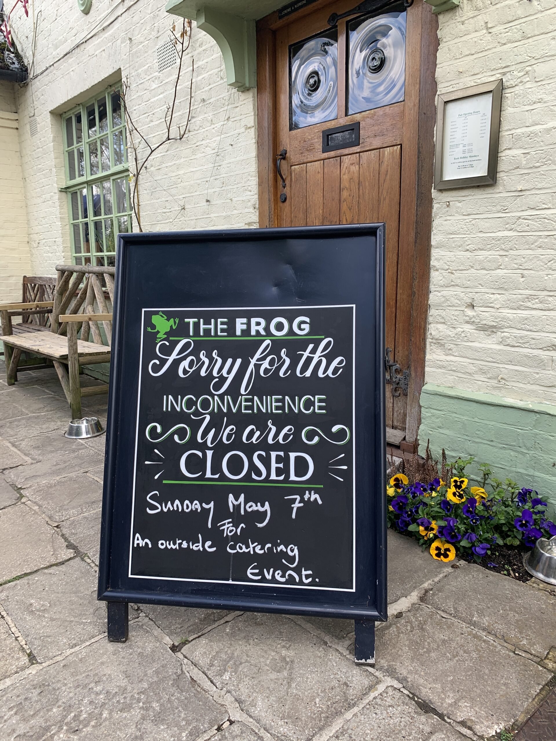 Blackboard hand-lettered hand-drawn 'SORRY we are CLOSED' blackboard sign at The Frog Inn, Skirmett, Henley-on-Thames